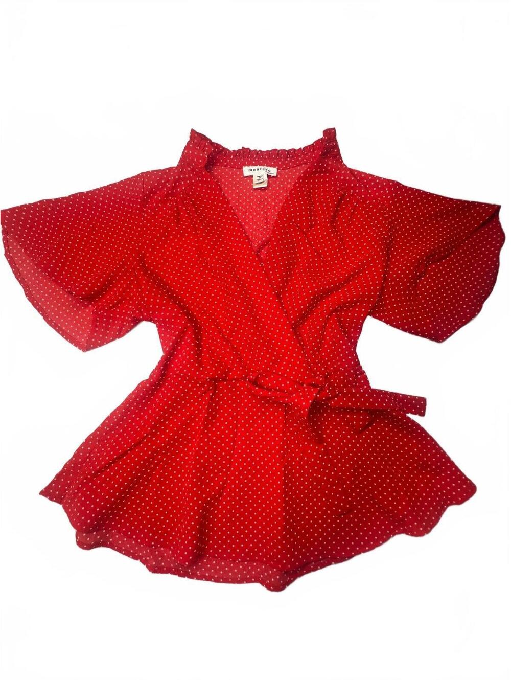 Monteau Los Angeles Red Polka Dot Faux Wrap Blouse Ruffle Neck Peplum Top Size S